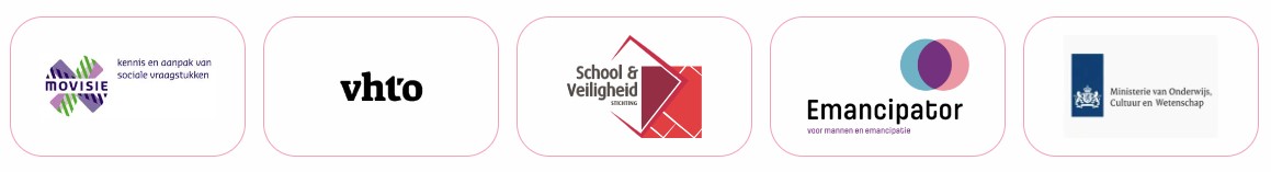 Een rij van vijf logo's, waaronder 'Worden Wie Je Bent', op een witte achtergrond. School en Veiligheid